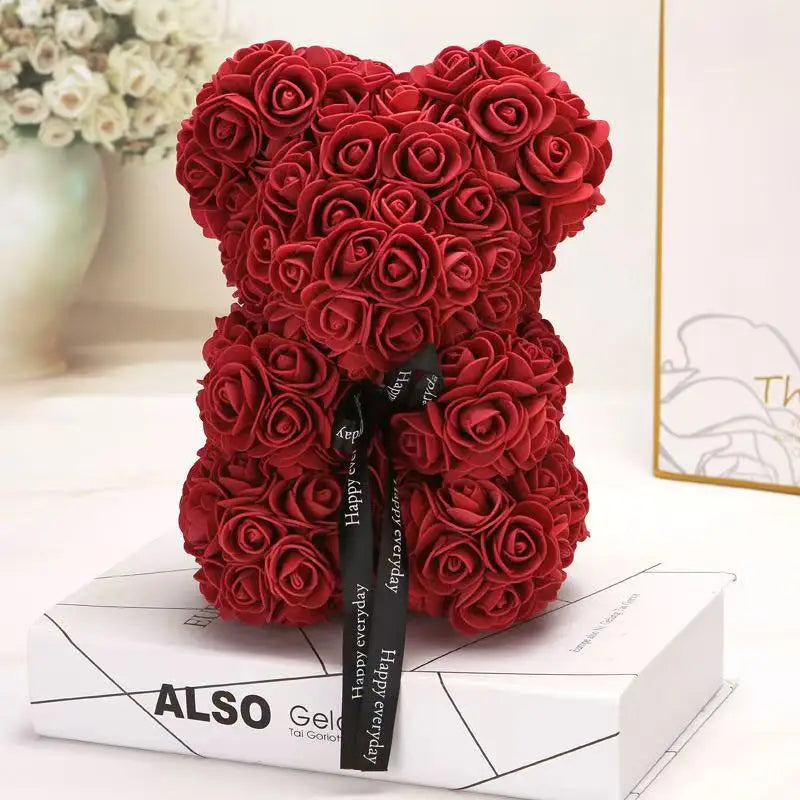 Oso de rosas artificiales de 25 cm con caja de regalo – Regalo romántico para ella en San Valentín, aniversario y boda