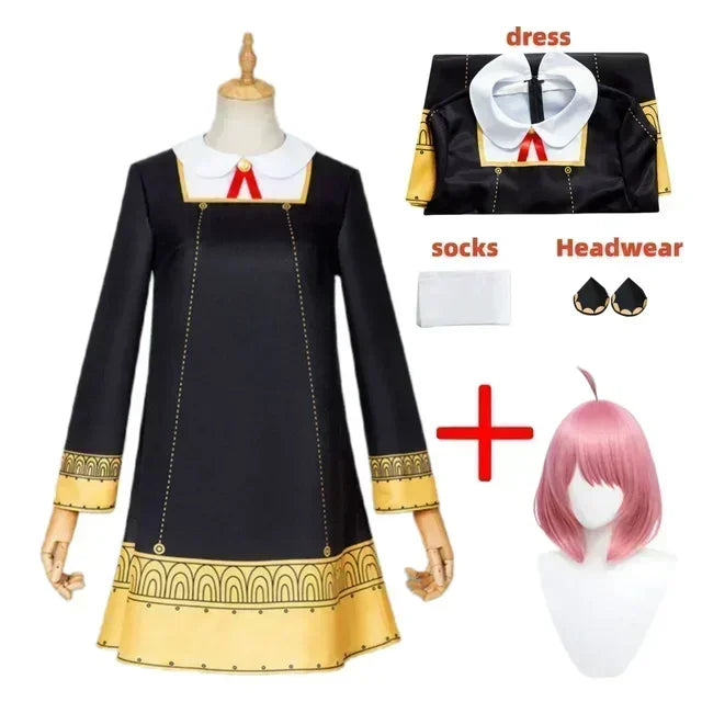 2025 Anya Forger Cosplay Costume for Kids – Anime Spy × Family Kawaii Black Dress Outfit for Halloween, Party & Roleplay (Toddler/Children’s Wear)