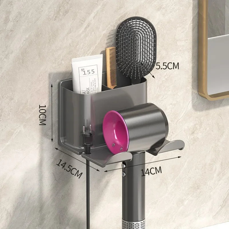 Soporte para secador de pelo montado en la pared, sin taladro, estante de almacenamiento para baño, organizador de herramientas para el cabello de plástico