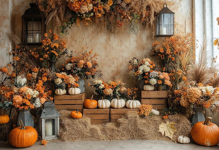 Mehofond Fall Autumn Harvest Photography Backdrop – Rustic Barn Hay & Pumpkin Background for Kids’ Birthday, Portrait, Photo Studio & Party Decor