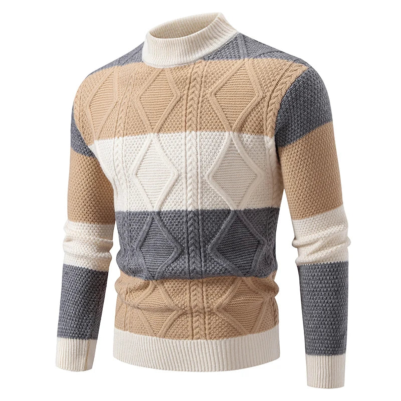 Men’s Patchwork Knitted Sweater – Mock Neck Long Sleeve Pullover for Autumn & Winter, Youthful Casual Fashion Knitwear