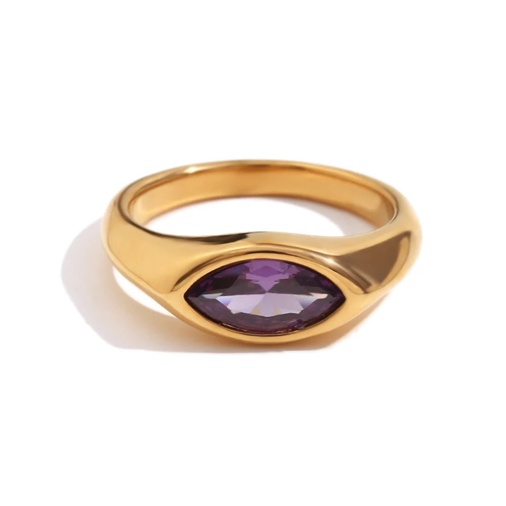 18K Gold Plated Horse Eye Zircon Signet Ring – Hypoallergenic 316L Stainless Steel Colorful Statement Ring for Women