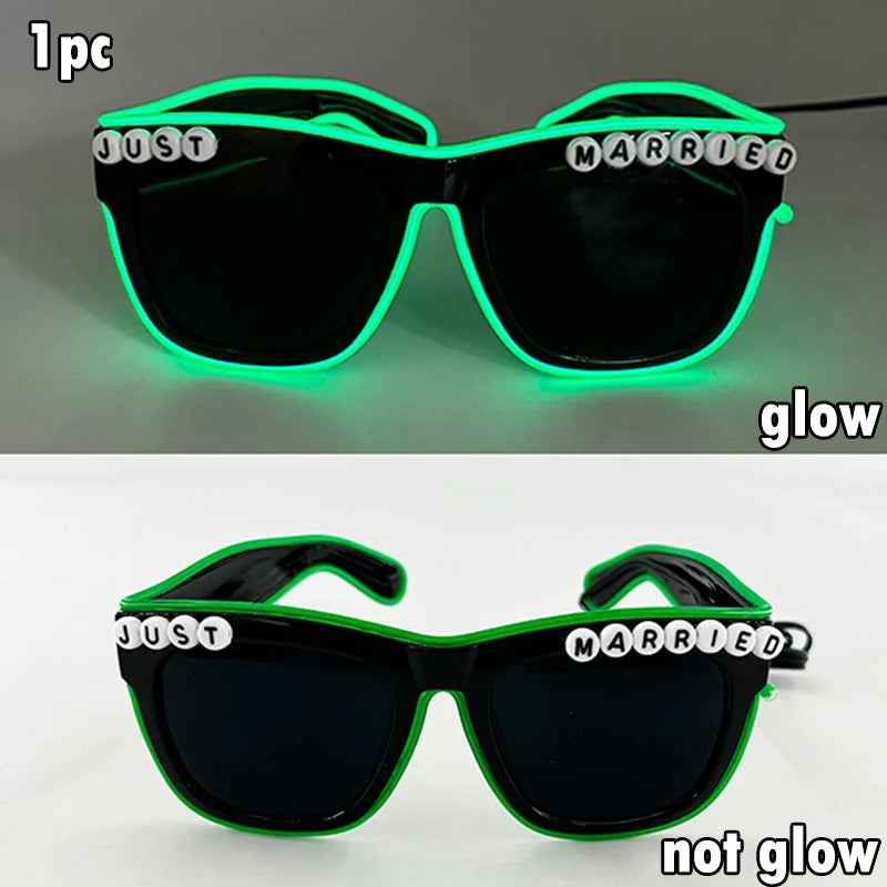 Just Married LED Heart Glasses – Light-Up EL Neon Glasses for Weddings, Engagements & Bridal Showers