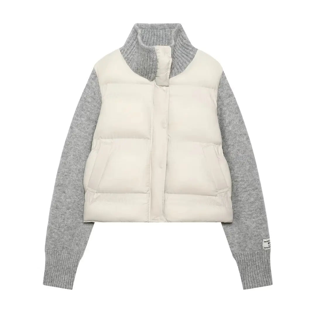 Women’s Sweater-Spliced Padded Coat – Long-Sleeve Zip-Up Jacket with Pockets, Chic Casual Outerwear for Spring & Autumn