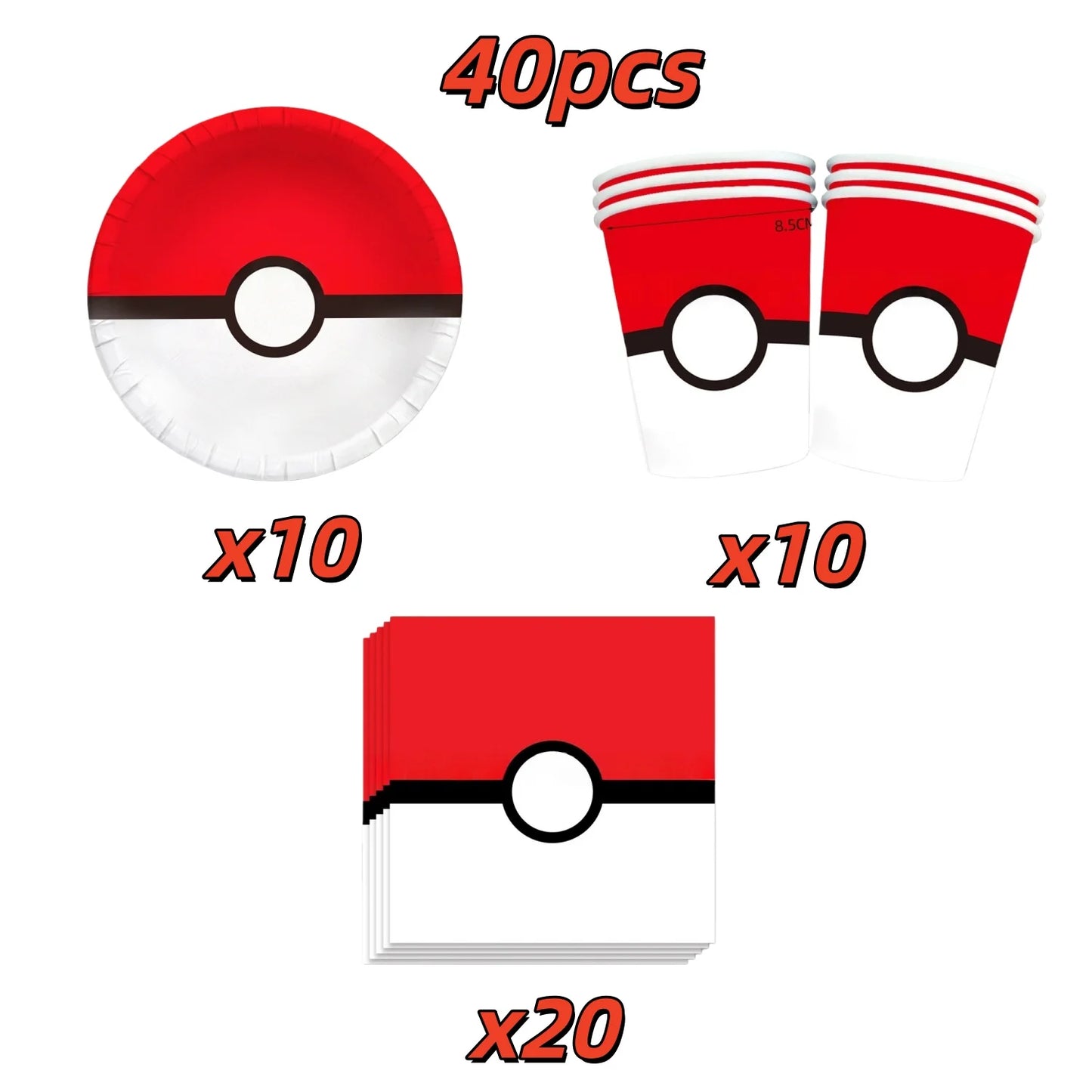 Pokémon Pokéball Birthday Decorations Tableware Set – Paper Plates, Cups & Napkins Party Supplies for Kids, Girls & Boys Birthday Celebration