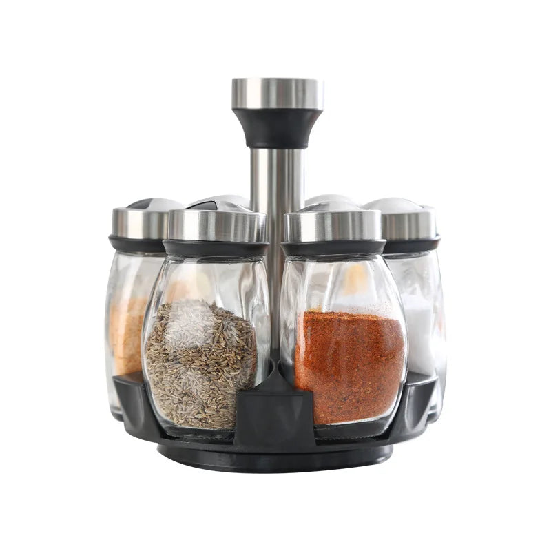 6-in-1 Glass Spice Jar Set with Rotating Rack – Seasoning Organizer with Salt, Pepper, Sugar & Spice Bottles for Kitchen Storage