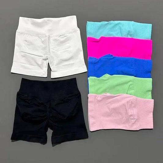 HISTELLO Pantalones cortos de yoga sin costuras de 4.5" para mujer – Pantalones cortos deportivos de talle bajo con efecto fruncido para gimnasio, fitness, correr y ropa deportiva