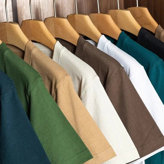 Camiseta de algodón grueso unisex – Manga corta de color liso 450G, camiseta extragrande, top informal de cuello redondo para hombre y mujer