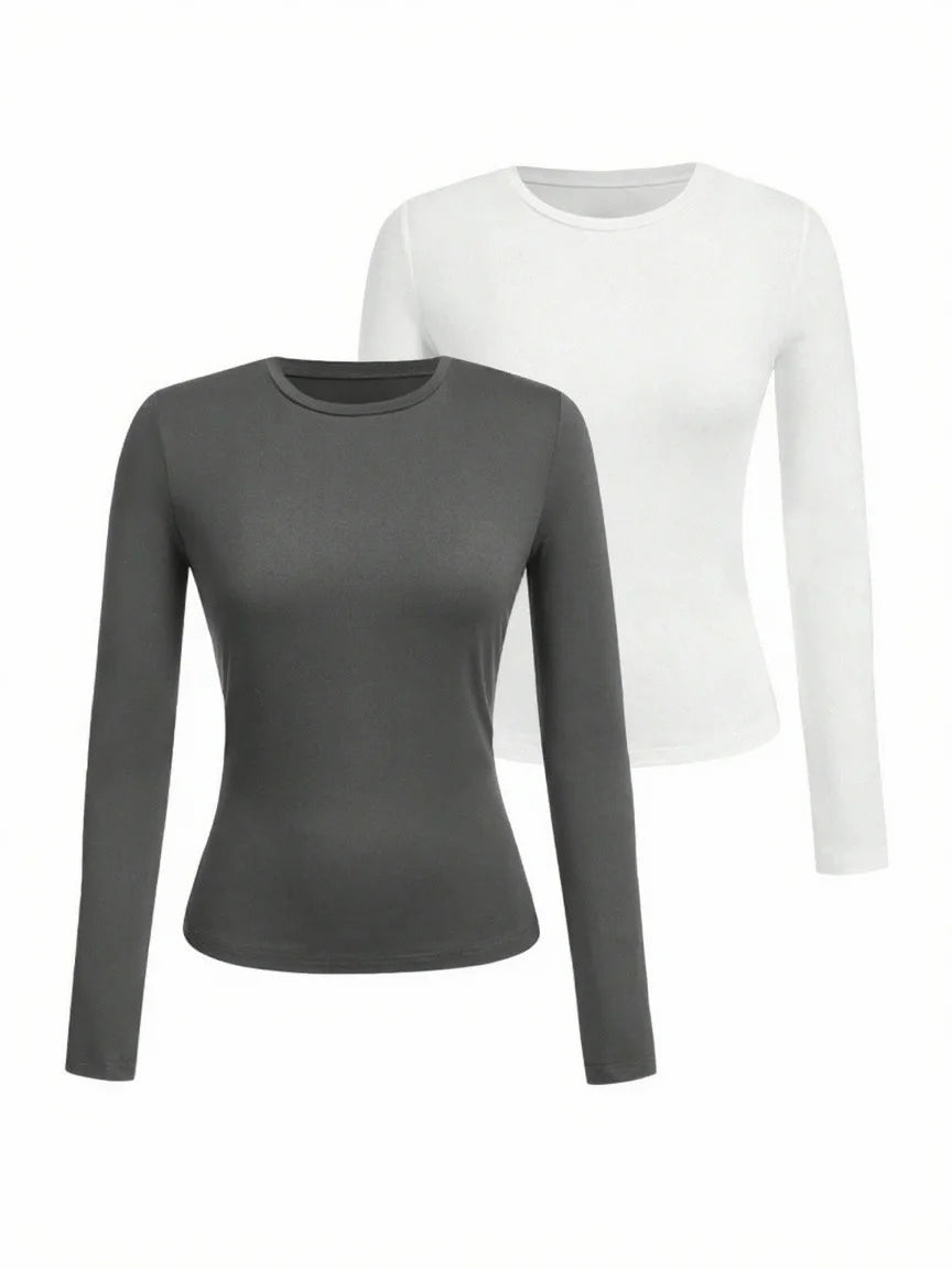 Women’s Long Sleeve T-Shirt Solid Color Polyester Knit Round Neck Regular Fit Fall Winter Top
