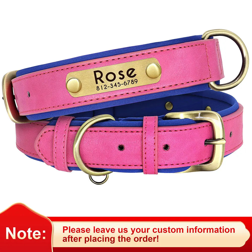 Collar de perro de piel sintética personalizado con placa de identificación grabada gratuita – Collar ajustable suave acolchado para perros pequeños, medianos y grandes