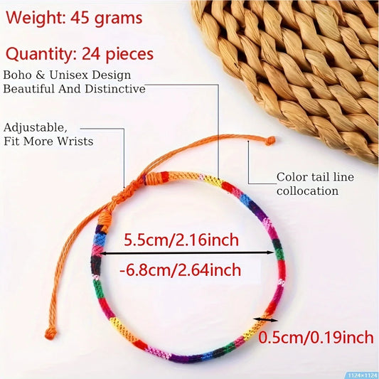 Set de 24 Pulseras y Tobilleras Boho Surfer – Joyería de Cuerda Trenzada Colorida para Moda de Verano en la Playa