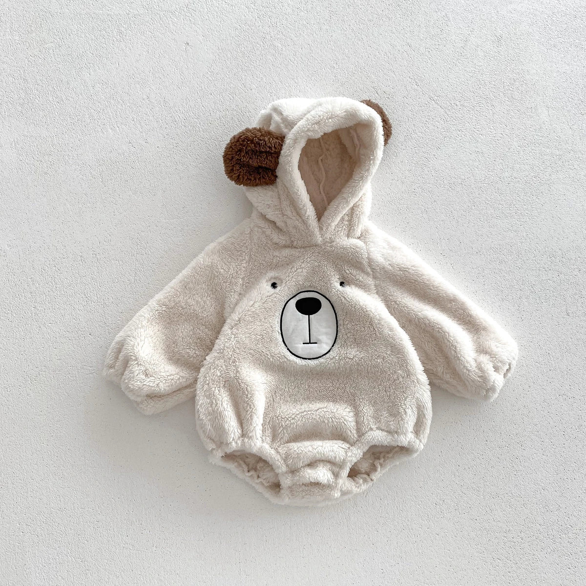 Baby Bear Ear Hooded Romper – Cute Plush Winter Jumpsuit for 0-2 Years, Korean-Style Warm Baby Clothes for Infants & Toddlers
