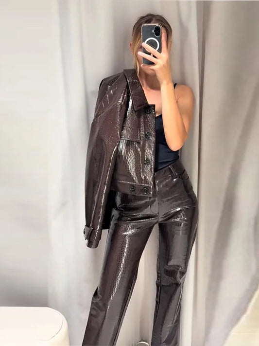 Women’s Y2K Punk Embossed Leather 2-Piece Set 2025 – Cropped Lapel Jacket & Matching High-Waist Pants, Chic Streetwear Outfit