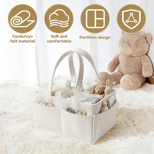 Organizador de pañales de pana para bebé – Cesta de almacenamiento plegable con múltiples bolsillos y asas para pañales, artículos esenciales para bebé y suministros para recién nacidos