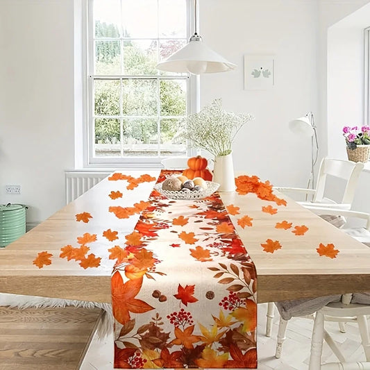 Autumn Maple Leaf Linen Table Runner – Thanksgiving Fall Leaves Dresser Scarf for Dining Table, Wedding, Holiday Party & Home Decor