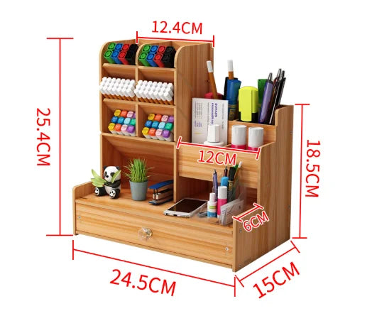 Organizador de escritorio de madera – Caja de almacenamiento de bricolaje para escritorio con cajón, portalápices de gran capacidad para organización de papelería de oficina, escuela y hogar