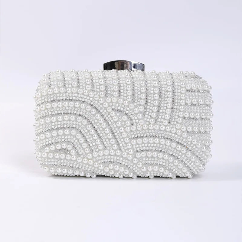 Elegant Pearl Evening Clutch Bag for Women Beaded Wedding Party Purse with Long Chain Strap