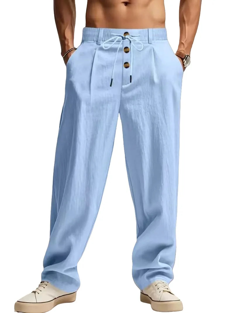 Pantalon décontracté en coton et lin pour homme, respirant, ample, coupe droite, pour la plage et l'extérieur