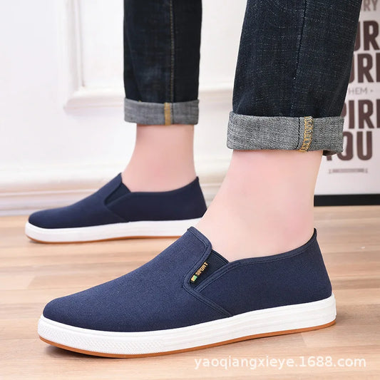 Zapatillas de lona sin cordones para hombre - Zapatos planos casuales vulcanizados ligeros, calzado cómodo para uso diario