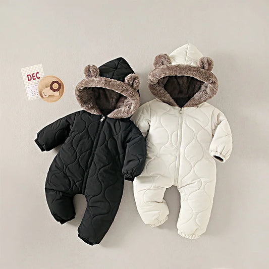 0-3 Years Baby Hooded Fleece Onesie – Warm Cotton Autumn & Winter Romper, Solid-Color Newborn Crawling Suit for Infants & Toddlers