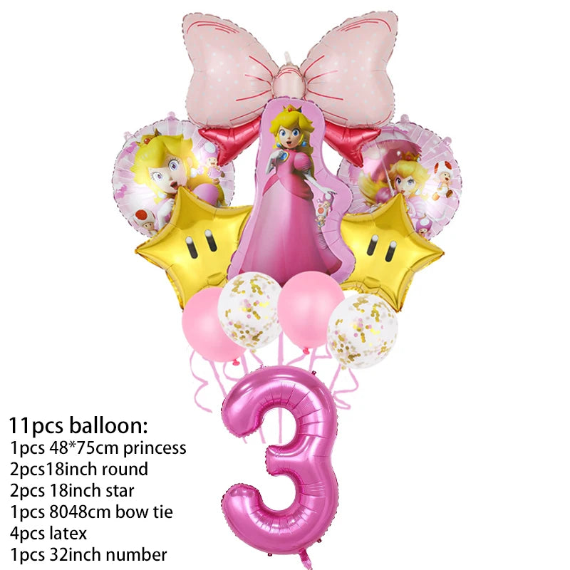 Princess Peach Party Supplies Set – Cartoon Anime-Themed Tableware, Balloons & Decorations for Children's Birthdays & Baby Showers
