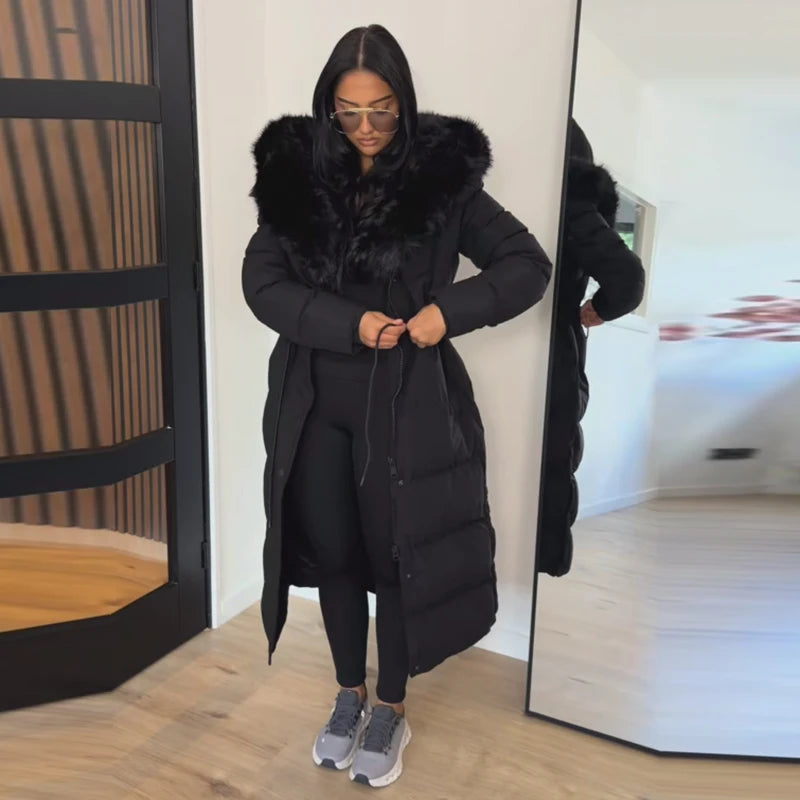 Women’s Long Puffer Winter Coat – Thick Warm Maxi Padded Jacket with Faux Fur Hood, Drawstring Waist & Zip-Up Button Closure