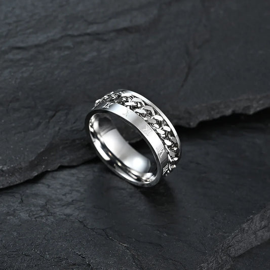 Roman Numeral Spinner Ring – Stainless Steel Chain Rotating Anxiety Fidget Ring for Men | Black Metal Stress Relief Jewelry