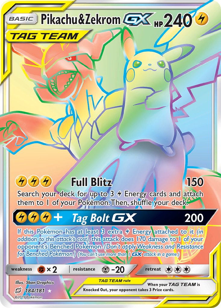 Pikachu y Zekrom GX #184/181 Unión de Equipos 2019 Casi Nuevo