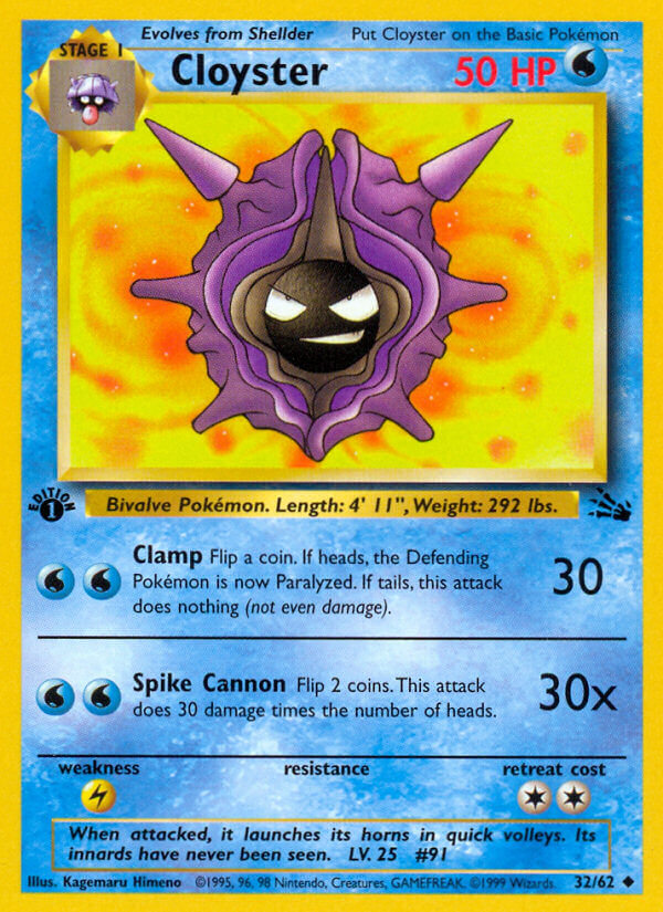Cloyster 1999 Fossil 1st Edition #32/62 Trading Card Near Mint