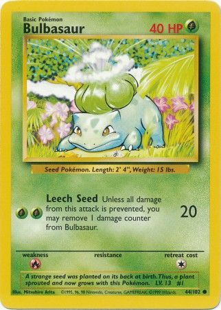 Bulbasaur 1999 Base Set Unlimited #44/102 Trading Card Lightly Played