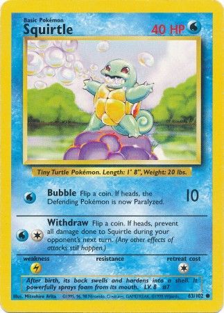 Squirtle 1999 Base Set Unlimited #63/102 Trading Card Heavily Played