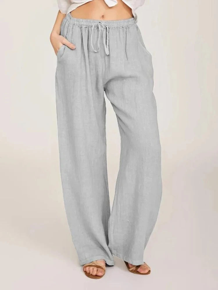 Pantalones anchos de lino y algodón para mujer de cintura alta, sueltos, de cáñamo, informales, transpirables, para verano y otoño
