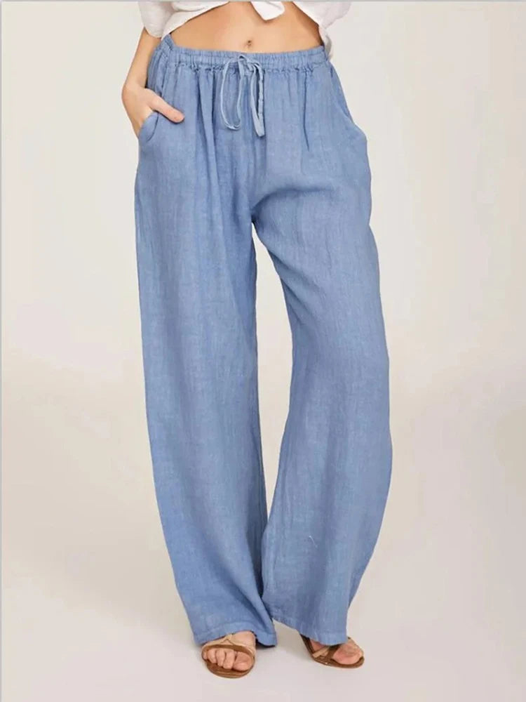 Pantalones anchos de lino y algodón para mujer de cintura alta, sueltos, de cáñamo, informales, transpirables, para verano y otoño