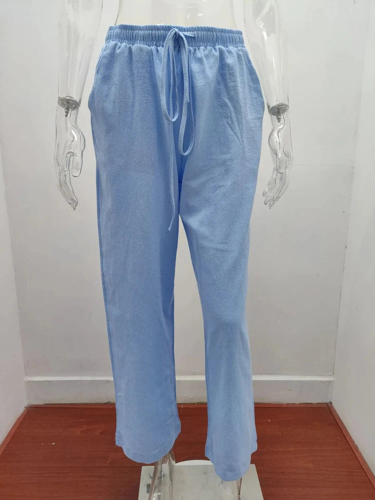 Pantalones anchos de lino y algodón para mujer de cintura alta, sueltos, de cáñamo, informales, transpirables, para verano y otoño