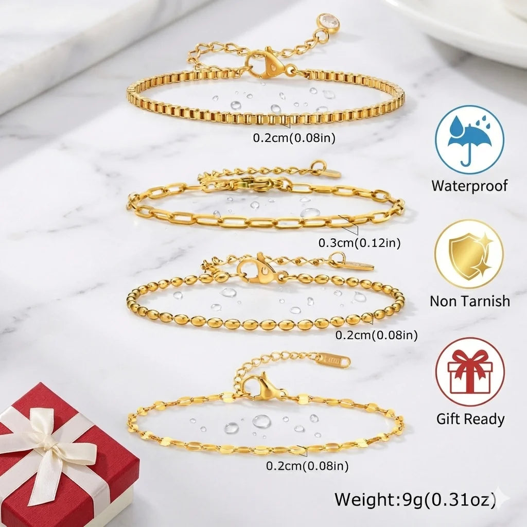 Non-Tarnish Stainless Steel Herringbone Bracelet – Gold Plated Waterproof Stackable Chain Bracelet for Women | Fashion Jewelry Gift
