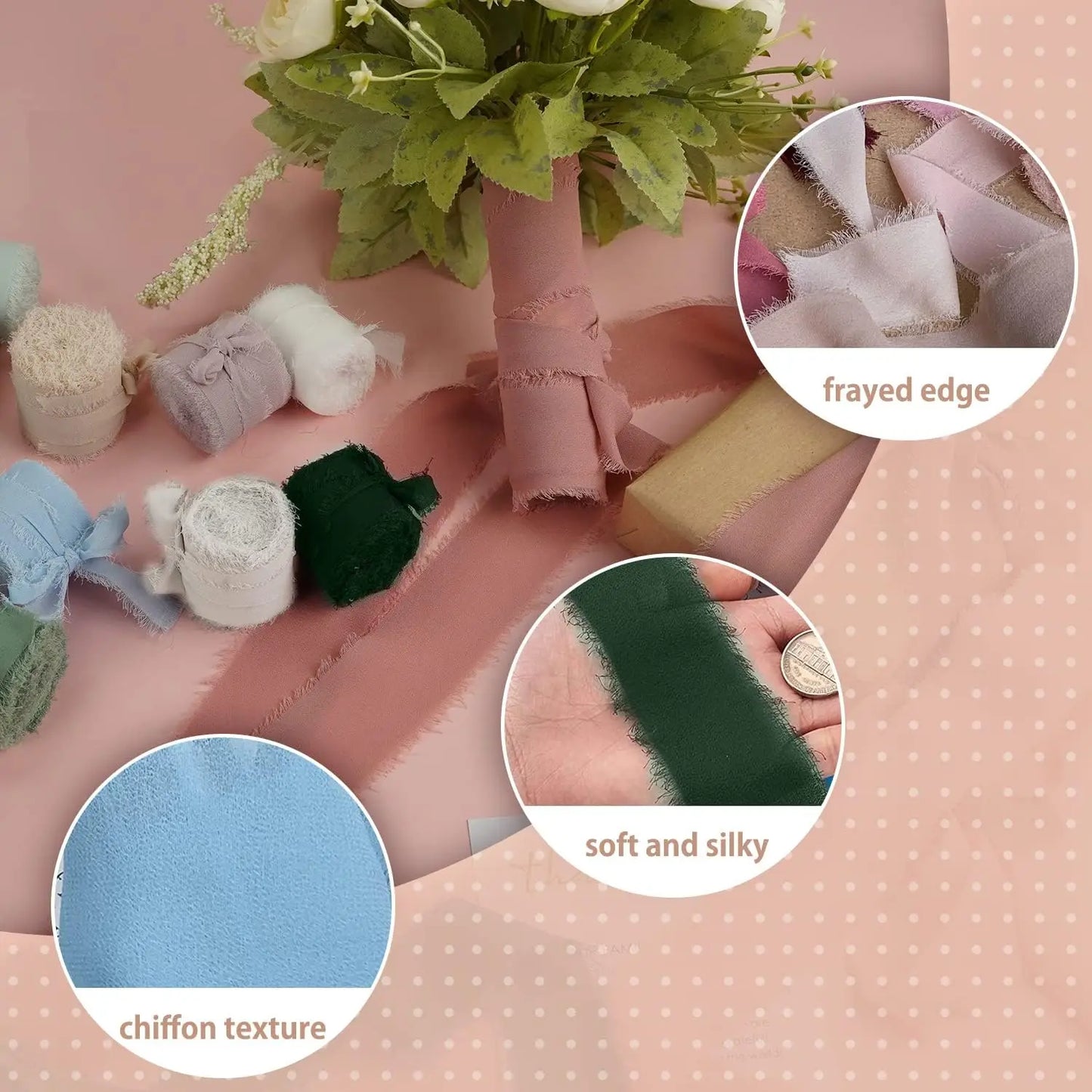 Ruban de soie en mousseline effilochée de 5 m – Ruban fait main déchiré pour bouquet de mariage et emballage cadeau