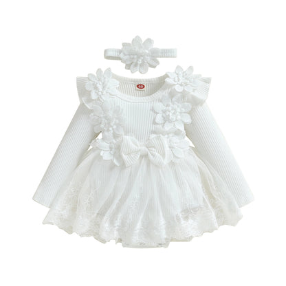 Vestido de mameluco 3D con flores para bebé – Body de malla de princesa de verano con volantes de encaje, conjunto de recién nacido con diadema a juego, ropa linda para niños para ocasiones especiales y uso diario