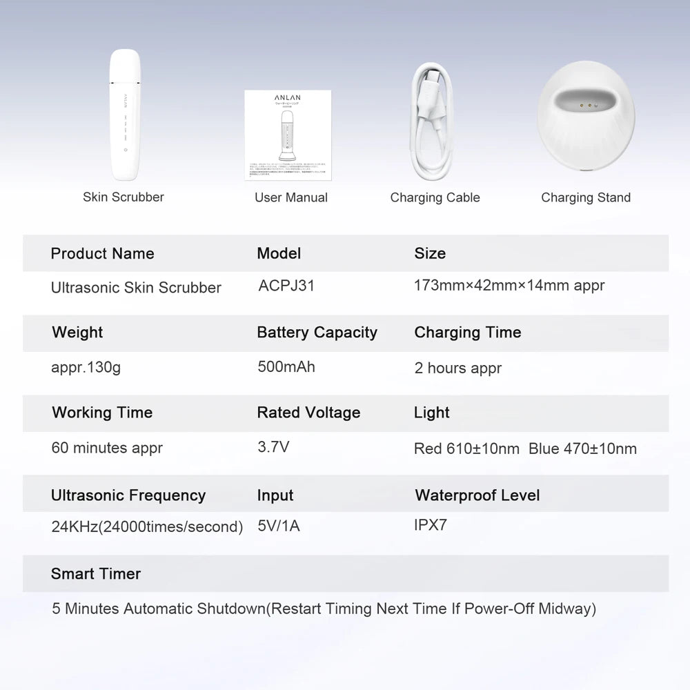 ANLAN Limpiador Facial Ultrasónico – Limpiador de Poros Profundo con Peeling Ultrasónico, Dispositivo LED Rojo y Azul para Lifting Facial (Resistente al Agua IPX7)