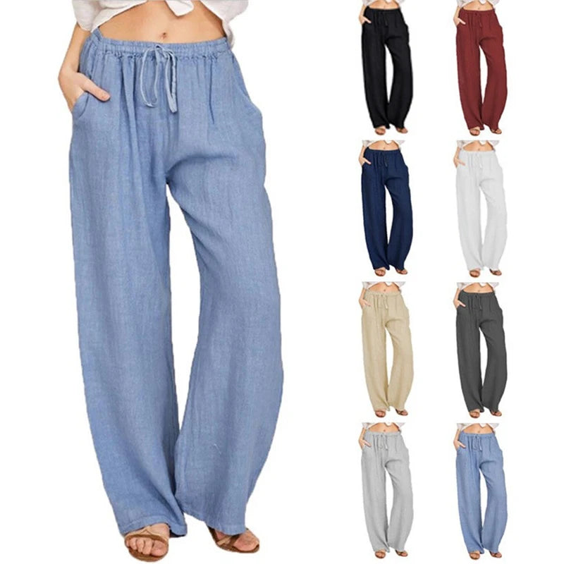 Pantalones anchos de lino y algodón para mujer de cintura alta, sueltos, de cáñamo, informales, transpirables, para verano y otoño