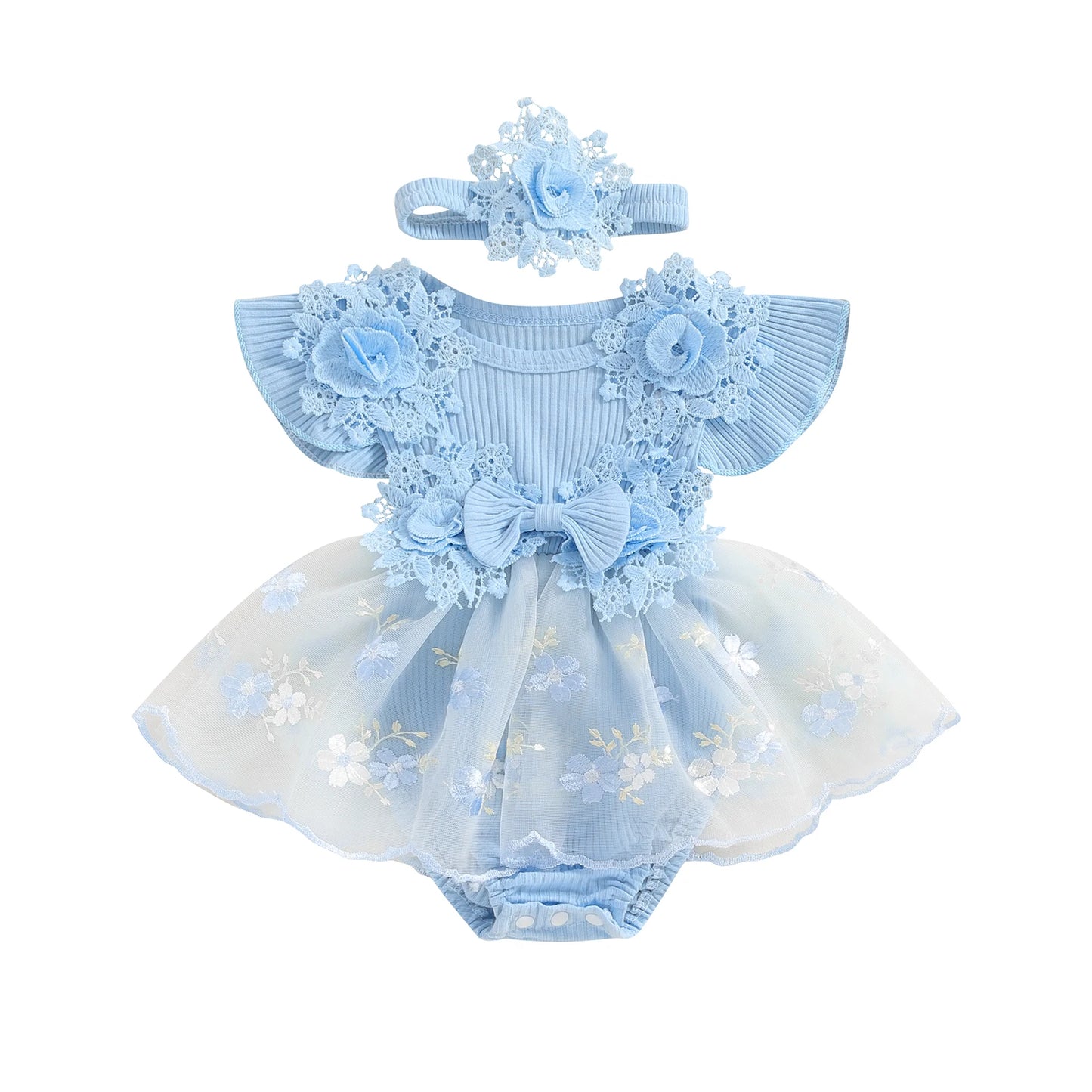Vestido de mameluco 3D con flores para bebé – Body de malla de princesa de verano con volantes de encaje, conjunto de recién nacido con diadema a juego, ropa linda para niños para ocasiones especiales y uso diario