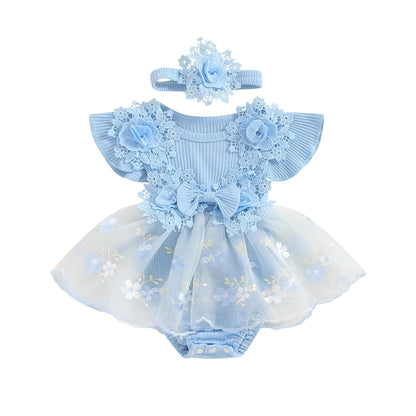 Vestido de mameluco 3D con flores para bebé – Body de malla de princesa de verano con volantes de encaje, conjunto de recién nacido con diadema a juego, ropa linda para niños para ocasiones especiales y uso diario