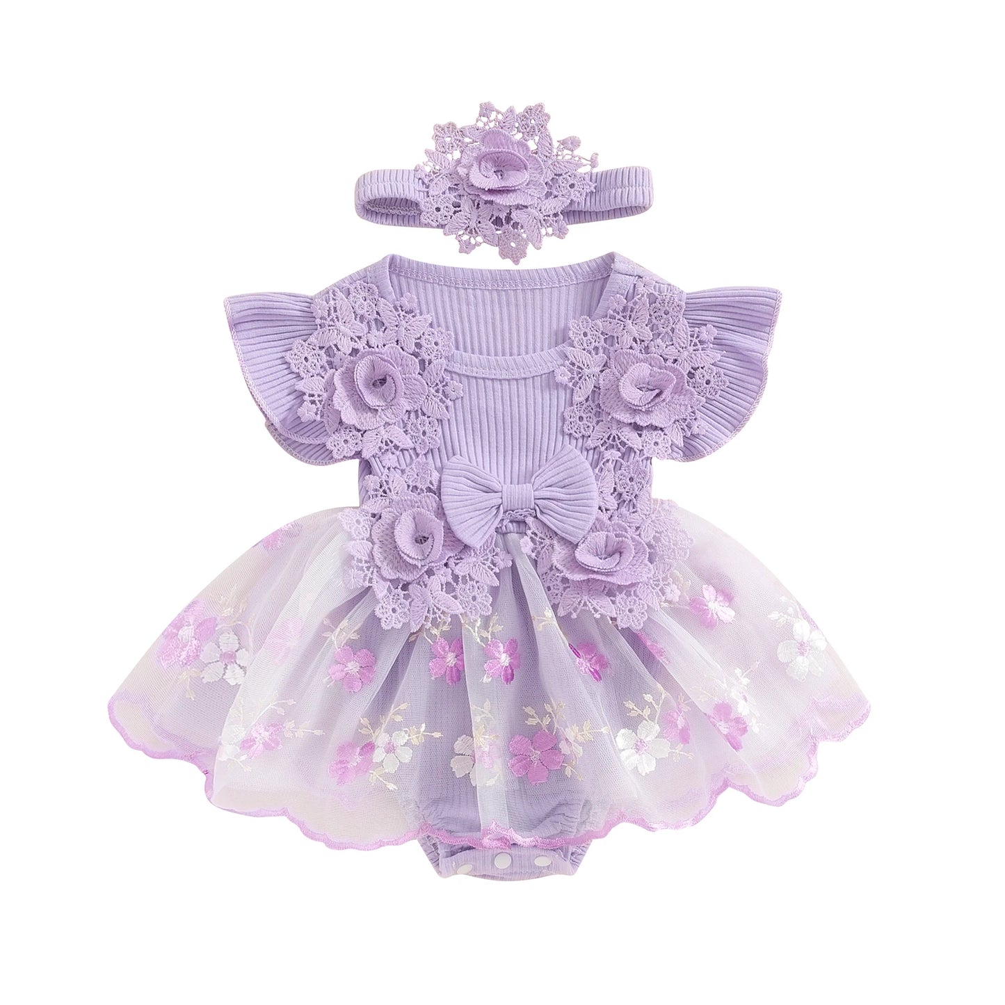Vestido de mameluco 3D con flores para bebé – Body de malla de princesa de verano con volantes de encaje, conjunto de recién nacido con diadema a juego, ropa linda para niños para ocasiones especiales y uso diario