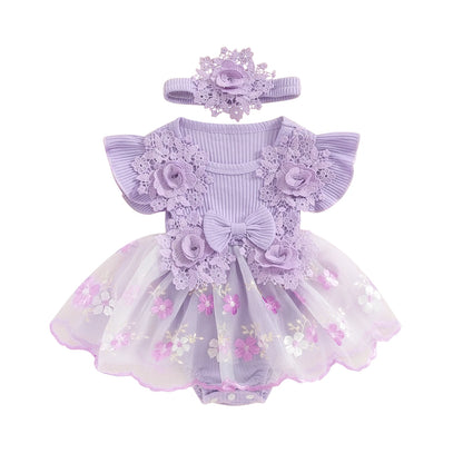 Vestido de mameluco 3D con flores para bebé – Body de malla de princesa de verano con volantes de encaje, conjunto de recién nacido con diadema a juego, ropa linda para niños para ocasiones especiales y uso diario