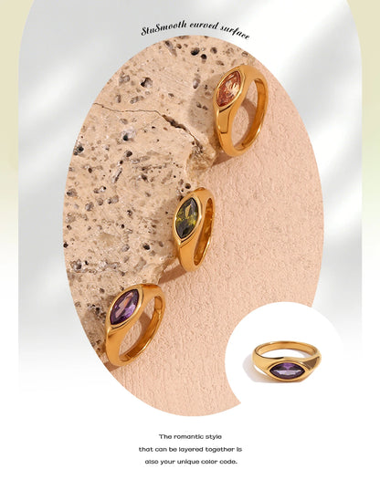 18K Gold Plated Horse Eye Zircon Signet Ring – Hypoallergenic 316L Stainless Steel Colorful Statement Ring for Women