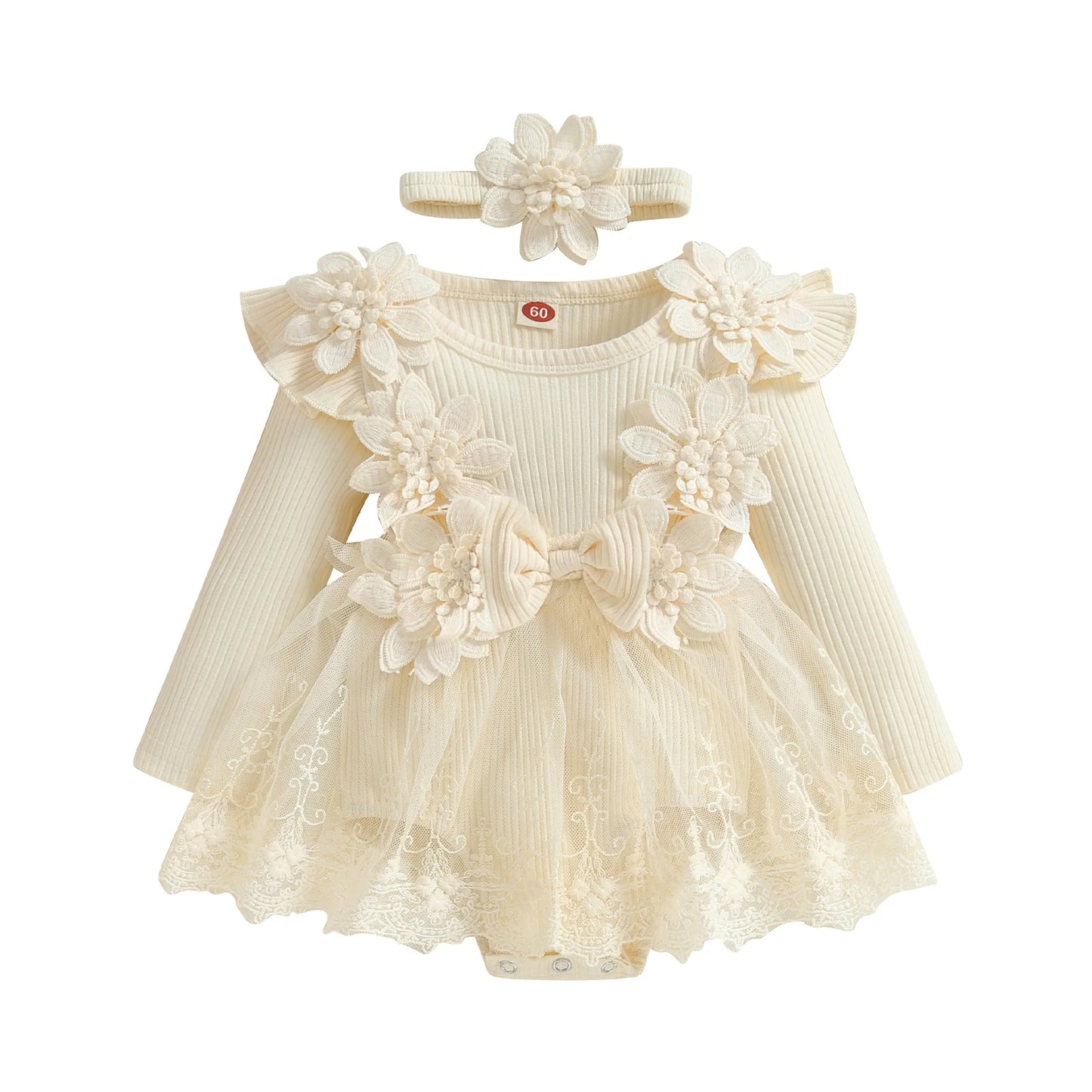 Vestido de mameluco 3D con flores para bebé – Body de malla de princesa de verano con volantes de encaje, conjunto de recién nacido con diadema a juego, ropa linda para niños para ocasiones especiales y uso diario