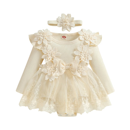 Vestido de mameluco 3D con flores para bebé – Body de malla de princesa de verano con volantes de encaje, conjunto de recién nacido con diadema a juego, ropa linda para niños para ocasiones especiales y uso diario