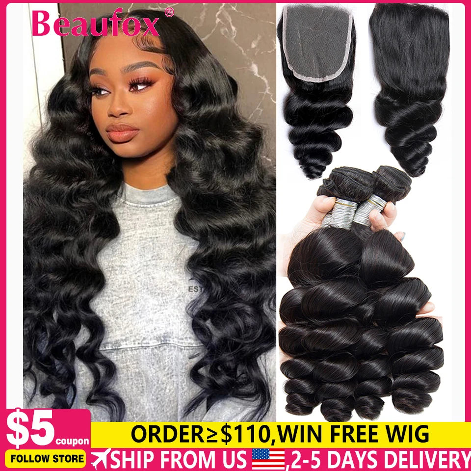 Paquetes de cabello humano indio con ondas sueltas y cierre de encaje – Extensiones de cabello natural de 3 o 4 paquetes