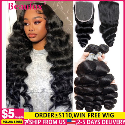 Paquetes de cabello humano indio con ondas sueltas y cierre de encaje – Extensiones de cabello natural de 3 o 4 paquetes