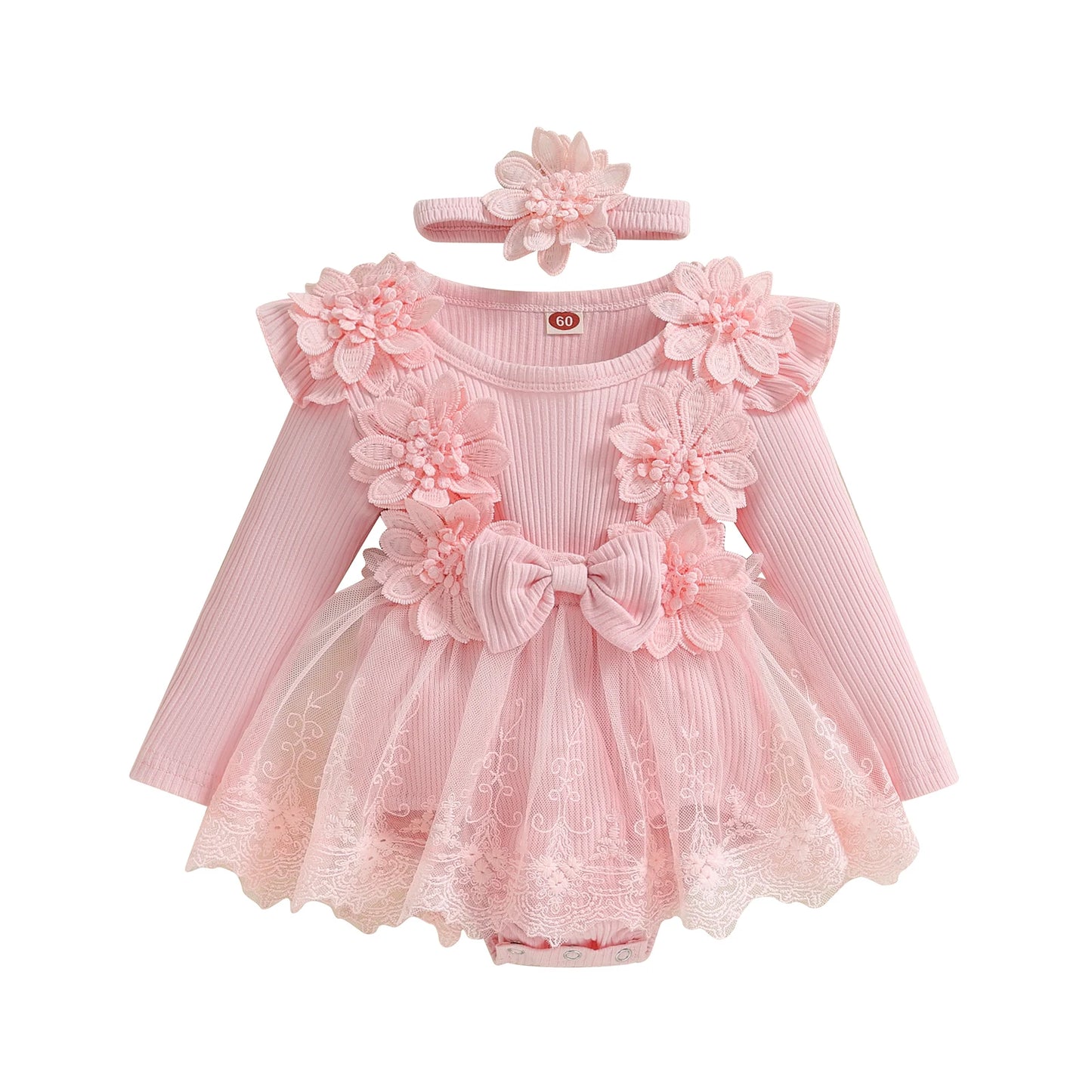 Vestido de mameluco 3D con flores para bebé – Body de malla de princesa de verano con volantes de encaje, conjunto de recién nacido con diadema a juego, ropa linda para niños para ocasiones especiales y uso diario