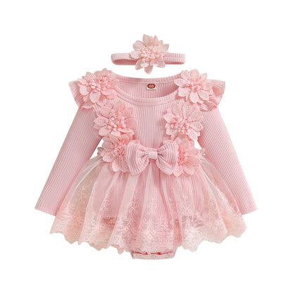 Vestido de mameluco 3D con flores para bebé – Body de malla de princesa de verano con volantes de encaje, conjunto de recién nacido con diadema a juego, ropa linda para niños para ocasiones especiales y uso diario